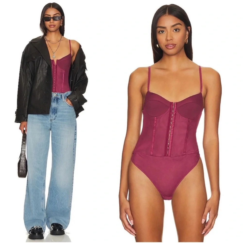 NEW Free People Intimately Night Rhythm Corset Bodysuit Washed Maroon